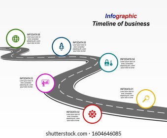 Vector template infographic Timeline of business operations with flags and placeholders on curved roads. Symbols, steps for successful business planning Suitable for advertising and presentations.