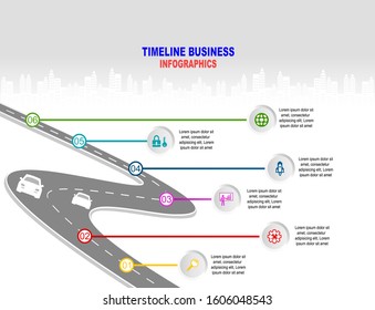 Vector template infographic Timeline of business operations with flags and placeholders on curved roads. Symbols, steps for successful business planning Suitable for advertising and presentations.