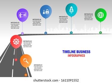Vector template infographic Timeline of business operations with flags and placeholders on curved roads. Symbols, steps for successful business planning Suitable for advertising and presentations.