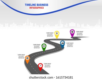 Vector template infographic Timeline of business operations with flags and placeholders on curved roads. Symbols, steps for successful business planning Suitable for advertising and presentations.