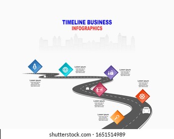 Vector template infographic Timeline of business operations with flags and placeholders on curved roads. Symbols, steps for successful business planning Suitable for advertising and presentations.