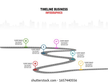 Información de plantilla de vectores Línea de tiempo de operaciones de negocios con banderas y marcadores de posición en carreteras curvadas. Símbolos, pasos para una planificación empresarial exitosa Adecuada para publicidad y presentaciones.