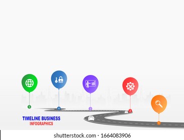 Vector template infographic Timeline of business operations with flags and placeholders on curved roads. Symbols, steps for successful business planning Suitable for advertising and presentations.