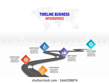 Vector template infographic Timeline of business operations with flags and placeholders on curved roads. Symbols, steps for successful business planning Suitable for advertising and presentations.