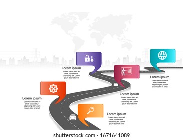 Información de plantilla de vectores Línea de tiempo de operaciones de negocios con banderas y marcadores de posición en carreteras curvadas. Símbolos, pasos para una planificación empresarial exitosa Adecuada para publicidad y presentaciones.