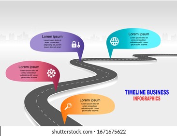 Vector template infographic Timeline of business operations with flags and placeholders on curved roads. Symbols, steps for successful business planning Suitable for advertising and presentations.