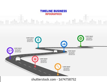 Información de plantilla de vectores Línea de tiempo de operaciones de negocios con banderas y marcadores de posición en carreteras curvadas. Símbolos, pasos para una planificación empresarial exitosa Adecuada para publicidad y presentaciones.