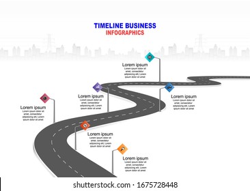 Vector Template Infographic Timeline Of Business Operations With Flags And Placeholders On Curved Roads. Symbols, Steps For Successful Business Planning Suitable For Advertising And Presentations.