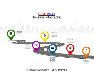 Vector template infographic Timeline of business operations with flags and placeholders on curved roads. Symbols, steps for successful business planning Suitable for advertising and presentations.