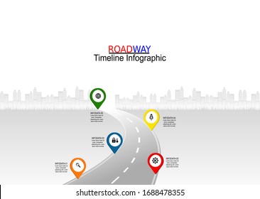 Vector template infographic Timeline of business operations with GPS flags and placeholders on curved roads. Symbols, steps for successful business planning Suitable for advertising and presentations