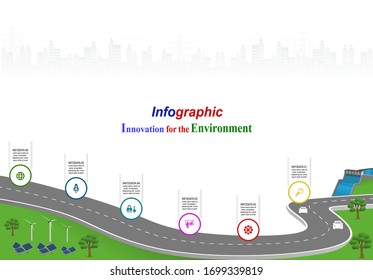 Vector template infographic Timeline of business operations with flags and placeholders on curved roads. Innovation, for environment and society city that can live together. Symbols, steps for success