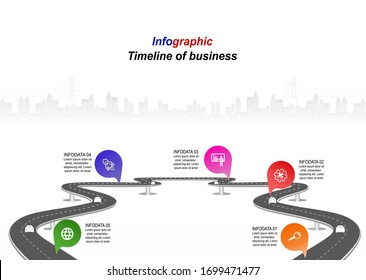 Vector template infographic Timeline of business operations with flags and placeholders on curved roads. Symbols, steps for successful business planning Suitable for advertising and presentations.