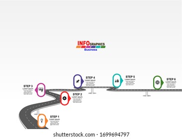 Vector template infographic Timeline of business operations with flags and placeholders on curved roads. Symbols, steps for successful business planning Suitable for advertising and presentations.
