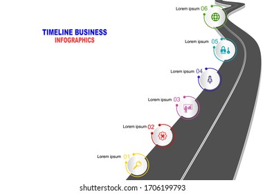 Vector template infographic Timeline of business operations with flags and placeholders on curved roads. Symbols, steps for successful business planning Suitable for advertising and presentations.