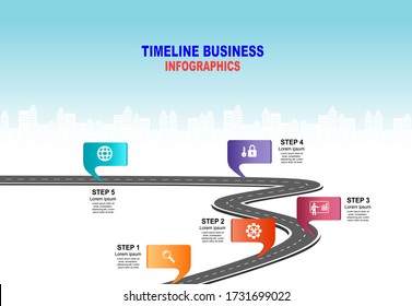 Vector template infographic Timeline of business operations with flags and placeholders on curved roads. Symbols, steps for successful business planning Suitable for advertising and presentations.