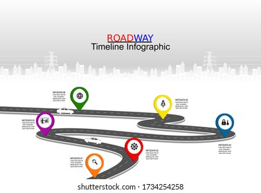 Vector template infographic Timeline of business operations with flags and placeholders on curved roads. Symbols, steps for successful business planning Suitable for advertising and presentations.