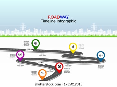 Vector template infographic Timeline of business operations with flags and placeholders on curved roads. Symbols, steps for successful business planning Suitable for advertising and presentations.