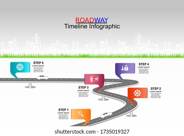 Vector template infographic Timeline of business operations with flags and placeholders on curved roads. Symbols, steps for successful business planning Suitable for advertising and presentations.
