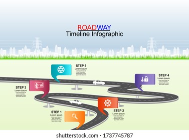 Vector template infographic Timeline of business operations with flags and placeholders on curved roads. Symbols, steps for successful business planning Suitable for advertising and presentations.