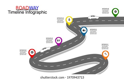 Vector template infographic Timeline of business operations with flags and placeholders on curved roads. Symbols, steps for successful business planning Suitable for advertising and presentations