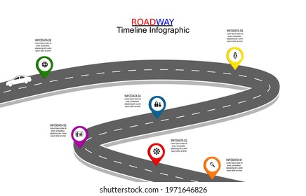 Vector template infographic Timeline of business operations with flags and placeholders on curved roads. Symbols, steps for successful business planning Suitable for advertising and presentations