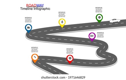 Vector template infographic Timeline of business operations with flags and placeholders on curved roads. Symbols, steps for successful business planning Suitable for advertising and presentations