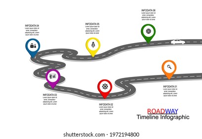 Vector template infographic Timeline for business operations with flags and placeholders on curved roads. Symbols, steps for successful business planning Suitable for advertising and presentations