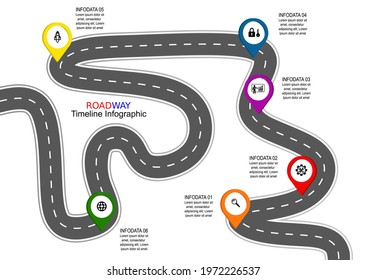 Vector template infographic Timeline for business operations with flags and placeholders on curved roads. Symbols, steps for successful business planning Suitable for advertising and presentations