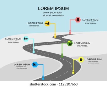 Vector template Infographic Timeline of human life with flags and placeholders on curved roads. Symbols, steps for successful business planning Suitable for advertising and presentations.