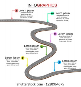 Vector template Infographic Timeline of human life with flags and placeholders on curved roads. Symbols, steps for successful business planning Suitable for advertising and presentations.