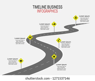 Vector template Infographic Timeline of human life with flags and placeholders on curved roads. Symbols, steps for successful business planning Suitable for advertising and presentations.