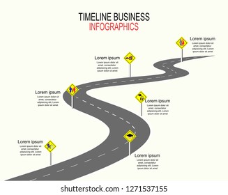 Vector template Infographic Timeline of human life with flags and placeholders on curved roads. Symbols, steps for successful business planning Suitable for advertising and presentations