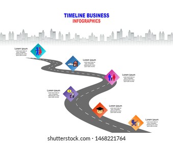Vector template Infographic Timeline of human life with flags and placeholders on curved roads. Symbols, steps for successful business planning Suitable for advertising and presentations