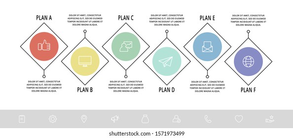 Vector template infographics. Business concept with 6 circles and rhombus. Six steps for content, flowchart, timeline, levels