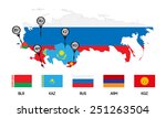 Vector. Template for infographics. Schematic map of the member states of the Eurasian Economic Union (EAU). Flags and abbreviations Russia, Belarus, Kazakhstan, Armenia and a new member - Kyrgyzstan.
