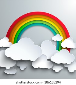 Vector template for infographics or web design - stylized paper cutout clouds and rainbow. 