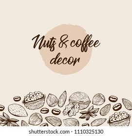 Vector template with ink sketch nuts and coffee beans hand drawn