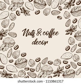 Vector template with ink sketch nuts and coffee beans background