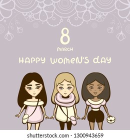 Vector template for International Women's Day greeting card. 8 March holiday decoration. Design for invitation and postcard with beautiful girls different races. Beauty cartoon characters.