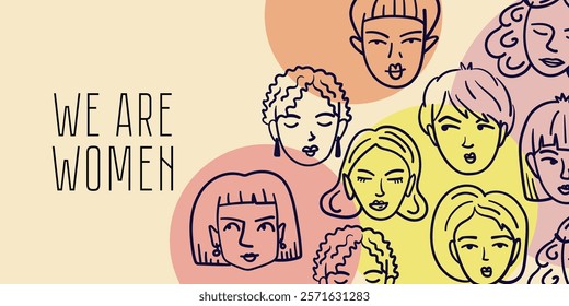 vector template international women's day banner featuring doodle women's faces and circles