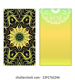 Vector template for inviatation card. Patterns with decorative round floral mandala.