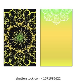 Vector template for inviatation card. Patterns with decorative round floral mandala.