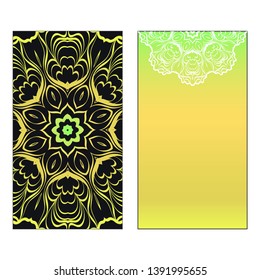 Vector template for inviatation card. Patterns with decorative round floral mandala.