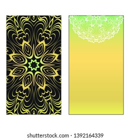 Vector template for inviatation card. Patterns with decorative round floral mandala.