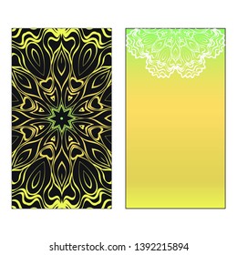 Vector template for inviatation card. Patterns with decorative round floral mandala.