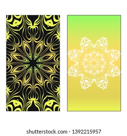 Vector template for inviatation card. Patterns with decorative round floral mandala.