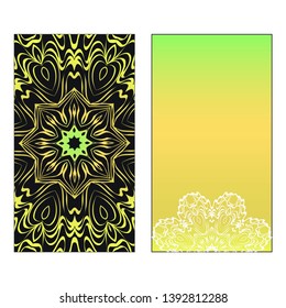 Vector template for inviatation card. Patterns with decorative round floral mandala.