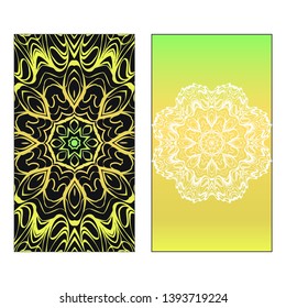 Vector template for inviatation card. Patterns with decorative round floral mandala.