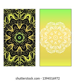 Vector template for inviatation card. Patterns with decorative round floral mandala.