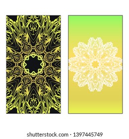Vector template for inviatation card. Patterns with decorative round floral mandala.